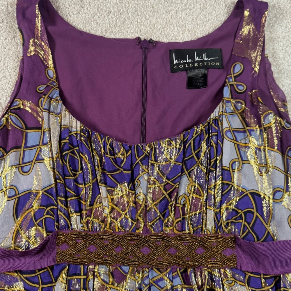 Nicole Miller Collection Silk Purple Gold Metallic Bubble Hem Mini Dress Size 6